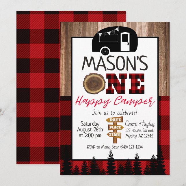 Invitation Plaid rouge et noir One Happy Camper Boys Camping (Devant / Derrière)