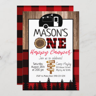 Invitation Plaid rouge et noir One Happy Camper Boys Camping