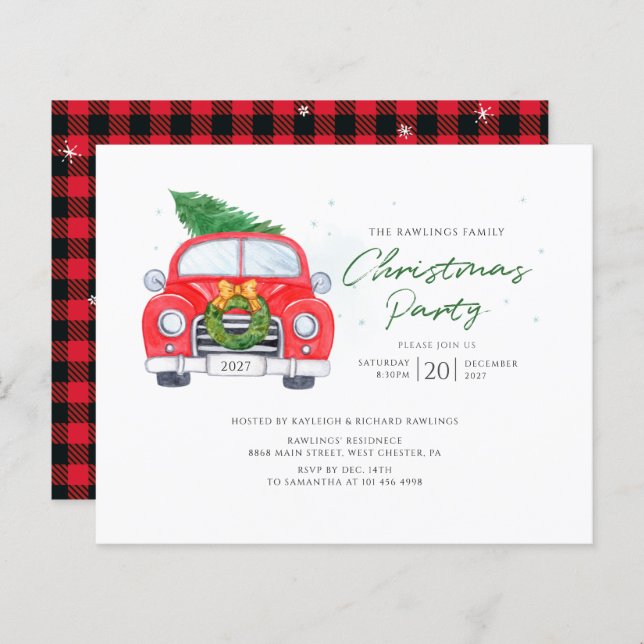 Invitation Plaid Rustic Car Christmas Party (Devant / Derrière)