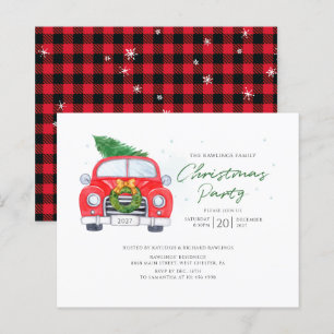 Invitation Plaid Rustic Car Christmas Party