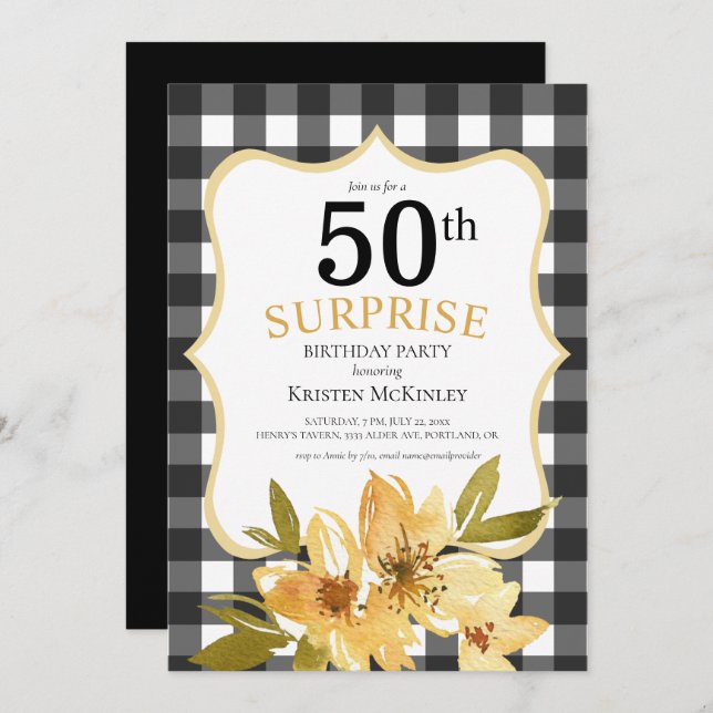 Invitation Plaid Surprise 50e Anniversaire Floral Jaune Noir (Devant / Derrière)