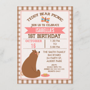 Invitation Plaid Teddy Bear Pique-nique 1er anniversaire Invi