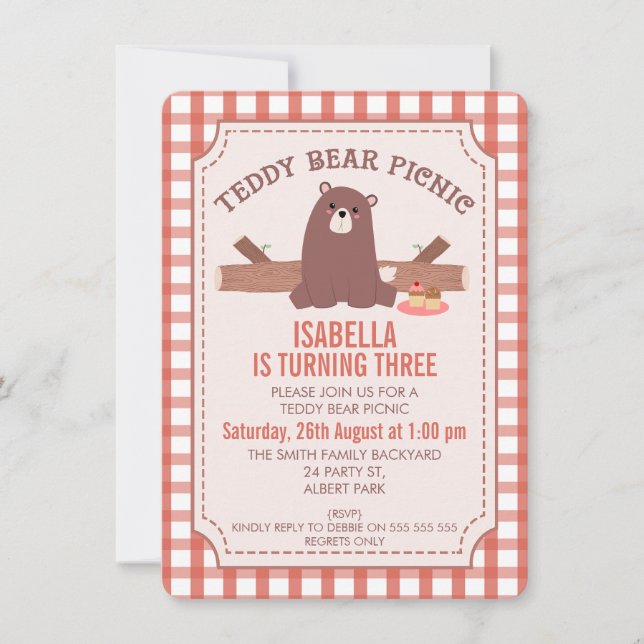 Invitation Plaid Teddy Bear Pique-nique Anniversaire Invitati (Devant)