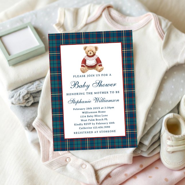 Invitation Plaid Vintage Teddy Bear Christmas Baby Shower (Créateur téléchargé)