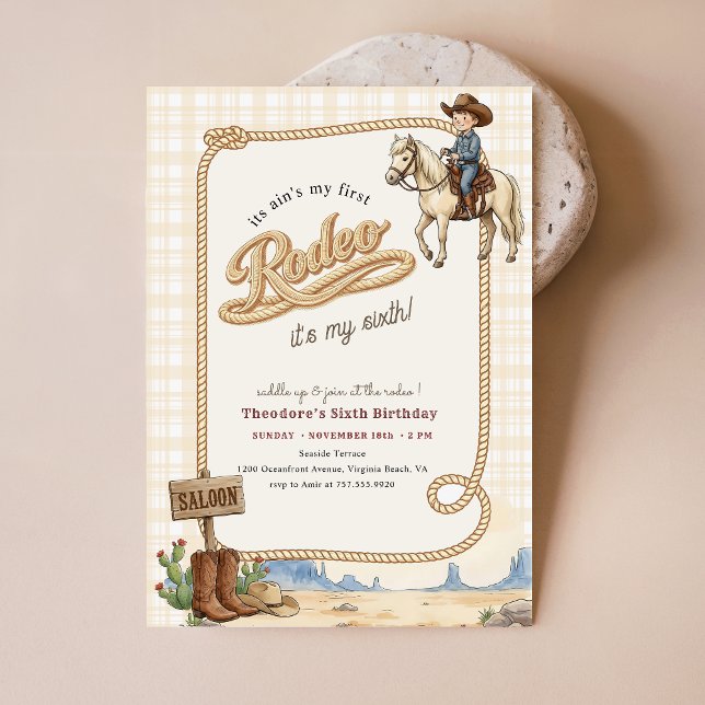 Invitation Plaid Western Desert Cowboy Rodeo 6th Birthday (Créateur téléchargé)