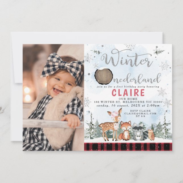 Invitation Plaid Winter One-derland Bois Animaux Anniversaire (Devant)