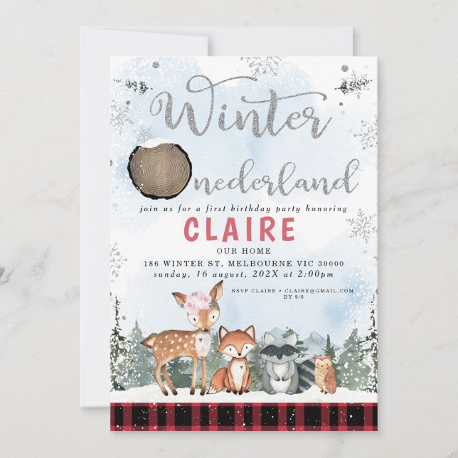 Invitation Plaid Winter Onederland Bois Animaux Anniversaire (Devant)