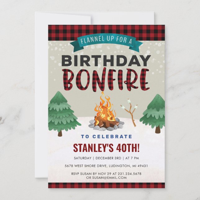 Invitation Plaid Winter Outdoor Bonfire Anniversaire Invitati (Devant)