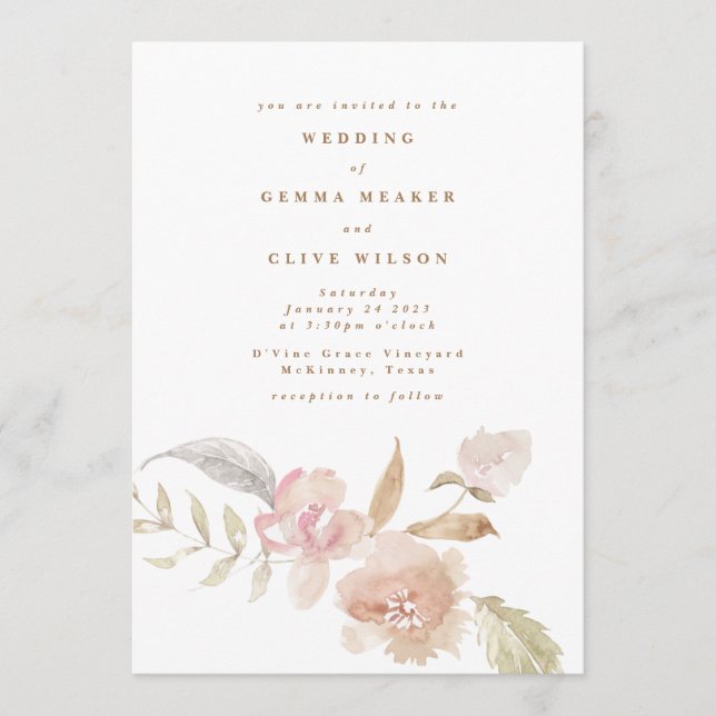 Invitation Plaine Romantique Aquarelle Florales Mariage (Devant)