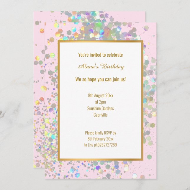 INVITATION PLAISIR PASTEL RAINBOW ROSE ENDROIT HOLOGRAPHIQUE  (Devant / Derrière)