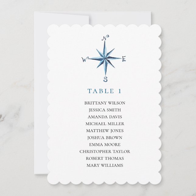 Invitation Plan de table à compas bleu. Plan de mariage marin (Devant)