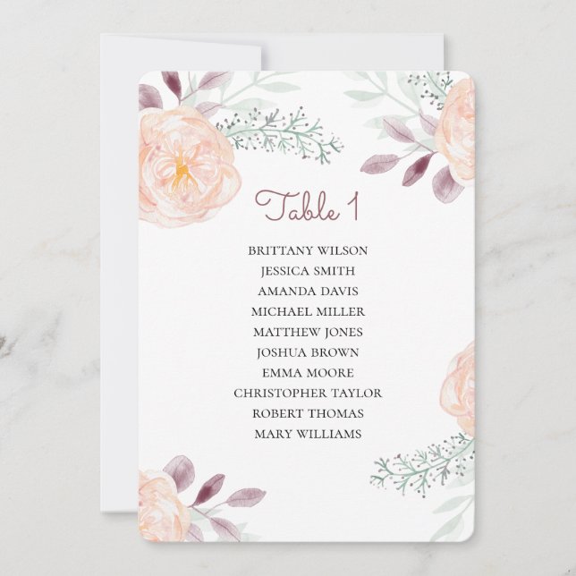 Invitation Plan de table aux fleurs de pêche. Plan de mariage (Devant)