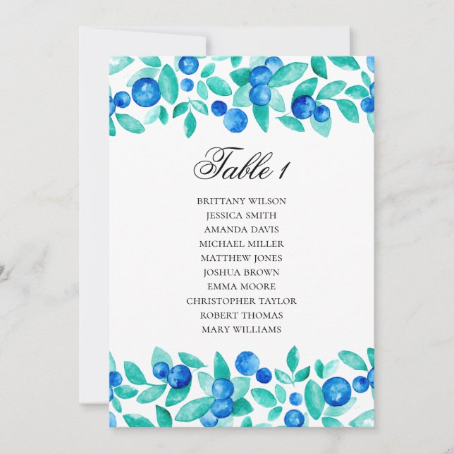 Invitation Plan de table aux myrtilles. Mariage bleu et menth (Devant)