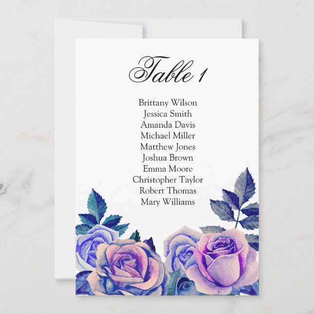 Invitation Plan de table avec des roses bleues et violettes.  (Devant)