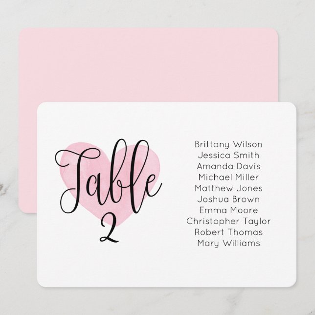 Invitation Plan de table de mariage à cœur rose. Plan d'aména (Devant / Derrière)