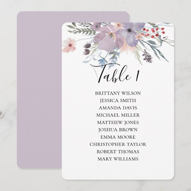 Invitation Plan de table de mariage aux fleurs violettes. Bot (Devant / Derrière)