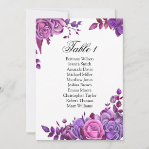 Invitation Plan de table de mariage avec des roses violettes.