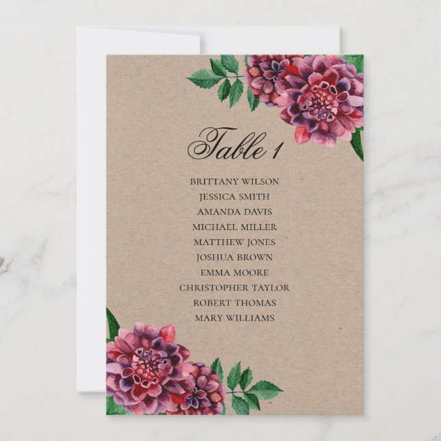 Invitation Plan de table de mariage Bourgogne. Dahlia rustiqu (Devant)