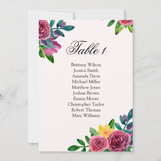 Invitation Plan de table de mariage fleurs romantiques. (Devant)