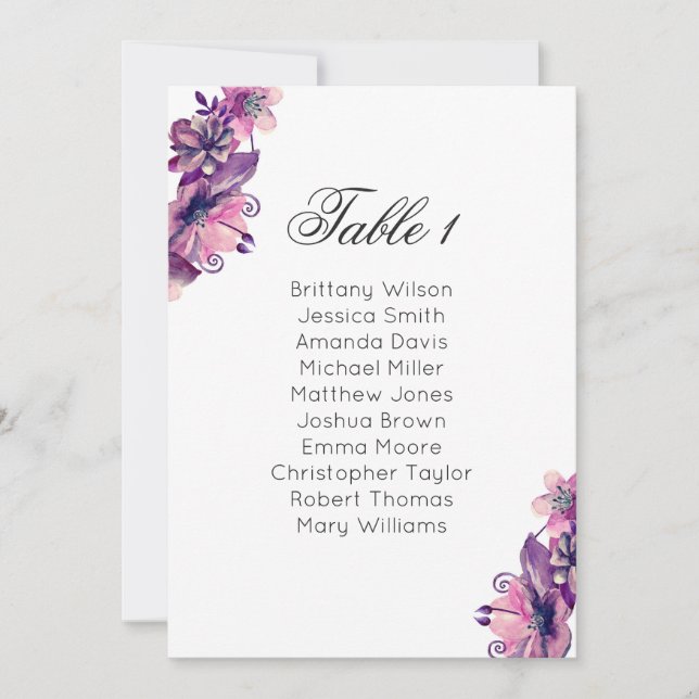 Invitation Plan de table de mariage floral rose et violet (Devant)