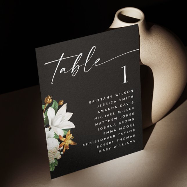 Invitation Plan de table de mariage noir | Fleurs botaniques (Créateur téléchargé)