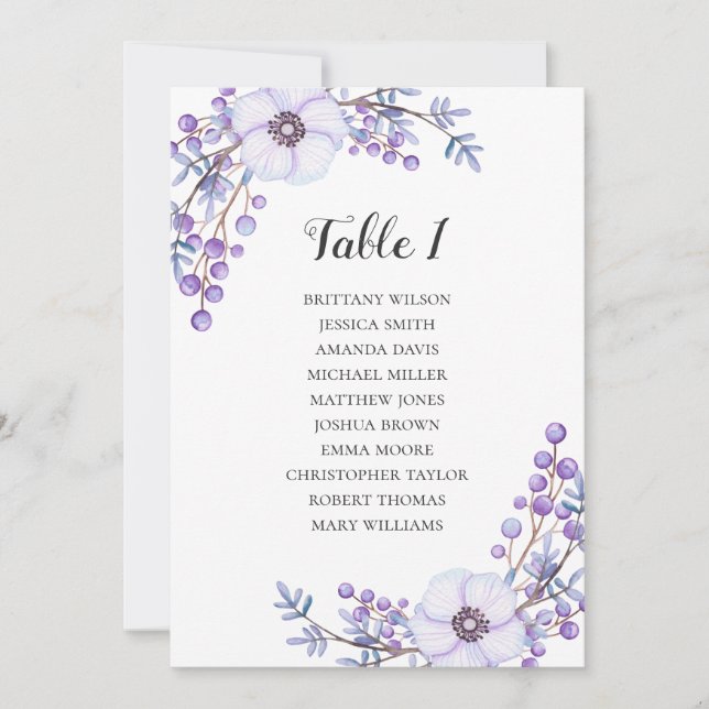 Invitation Plan de table de mariage violet. Plan de table fle (Devant)