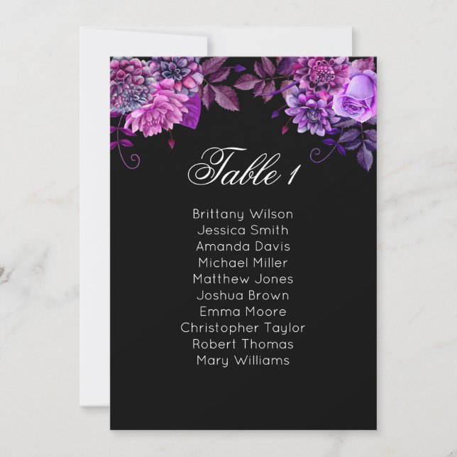 Invitation Plan de table floral violet. Plan de mariage noir (Devant)
