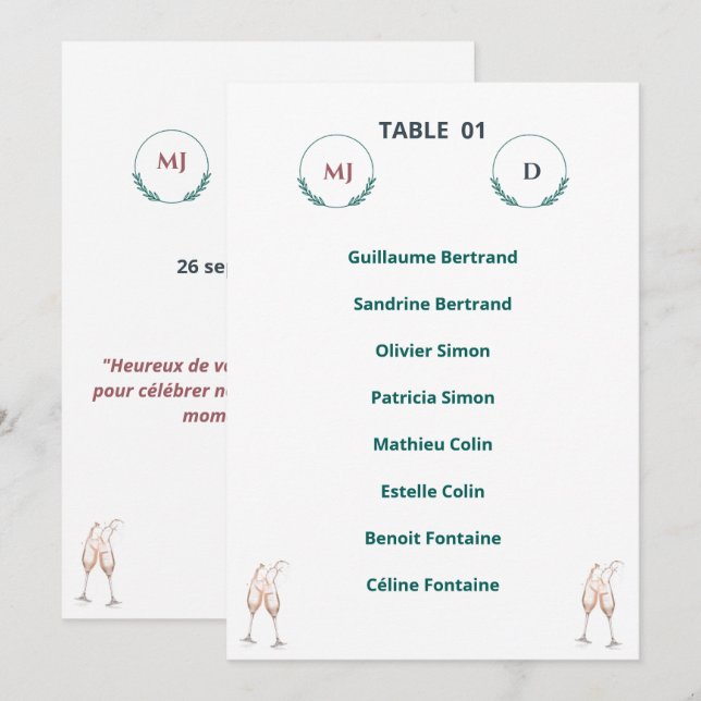 Invitation Plan de Table Individuel Chic – Harmony Journey (Devant / Derrière)