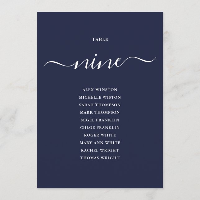 Invitation Plan de table numéro 9 en écriture bleue marine (Devant)