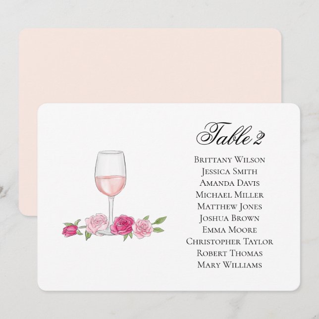 Invitation Plan de table Roses. Verre à vin. Fleurs de mariag (Devant / Derrière)