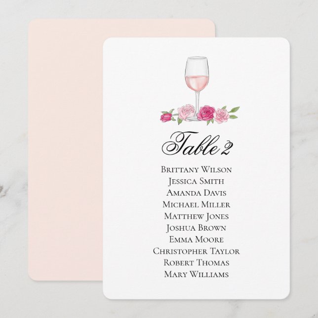 Invitation Plan de table Roses. Verre à vin. Mariage floral (Devant / Derrière)