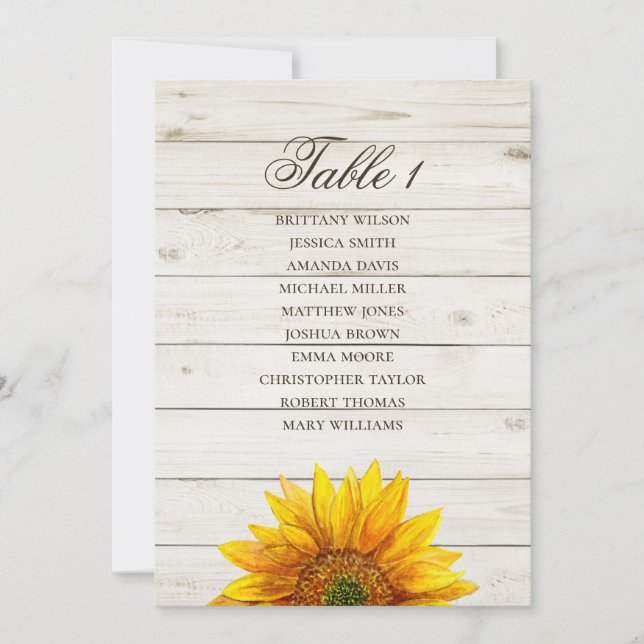 Invitation Plan de table tournesol. Grange en bois rustique d (Devant)