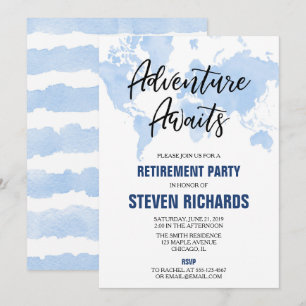 Invitation Plan du monde voyageur retraite aquarelle bleu
