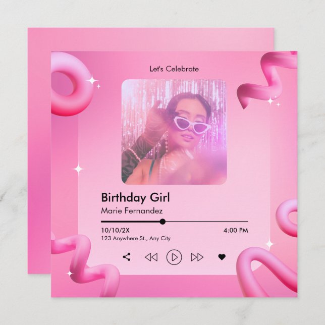 Invitation Planche de musique chic rose couverture photo anni (Devant / Derrière)