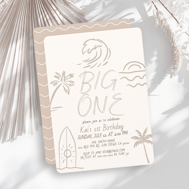 Invitation Planche de surf Big One Doodle Beige 1er anniversa (Créateur téléchargé)