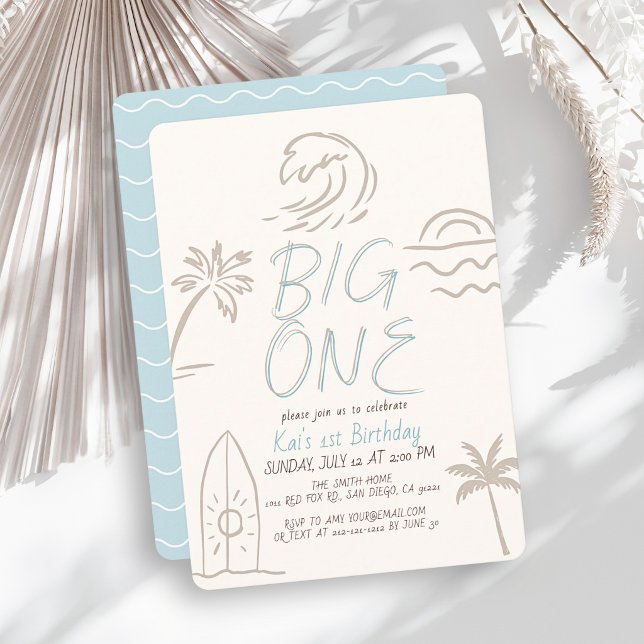 Invitation Planche de surf Big One Doodle Blue Boy 1er Annive (Créateur téléchargé)
