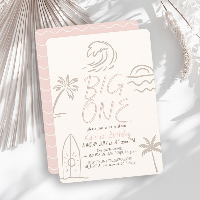 Invitation Planche de surf Big One Doodle Fille Rose 1er Anni (Créateur téléchargé)