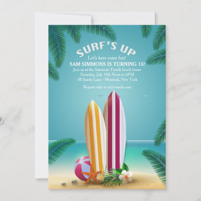 Invitation Planche de Surf Fête de Plage (Devant)