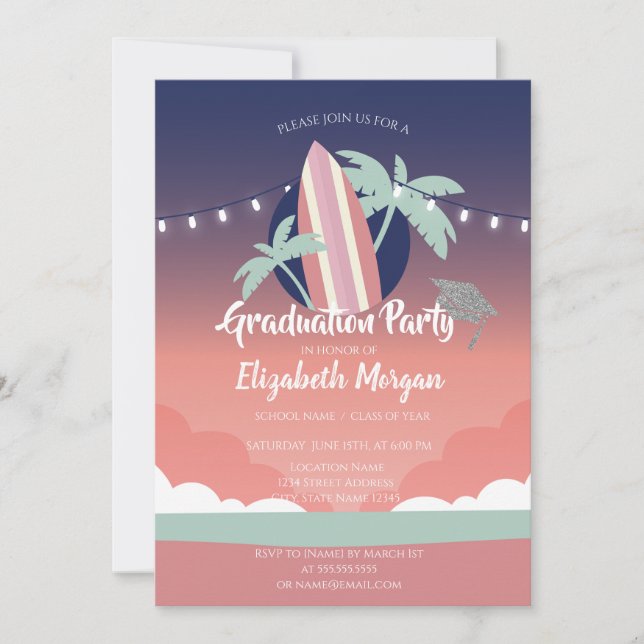 Invitation Planche de surf Palms, Casquette de remise de dipl (Devant)