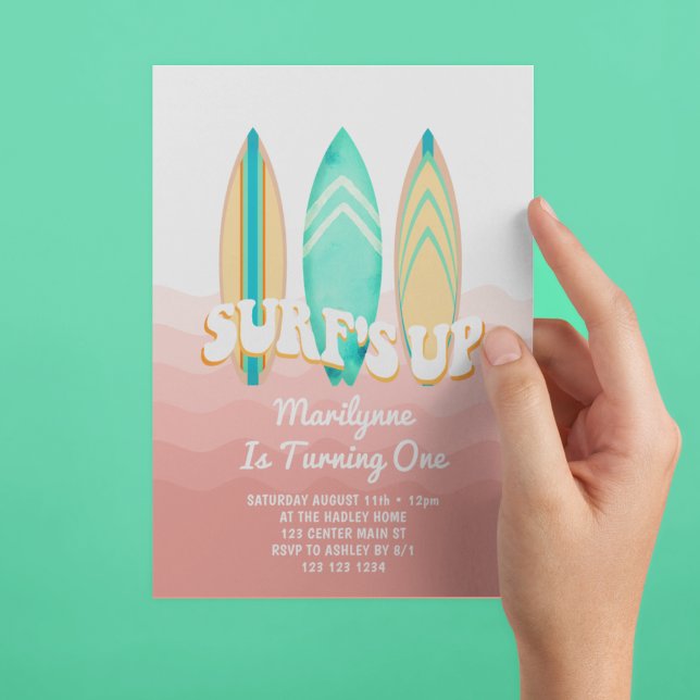 Invitation Planche de surf rose 1er anniversaire (Créateur téléchargé)
