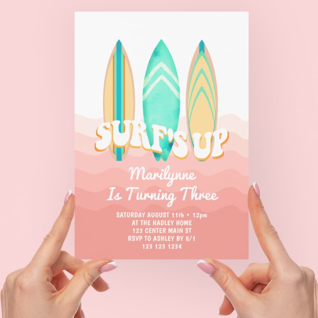 Invitation Planche de surf rose 3e anniversaire (Créateur téléchargé)
