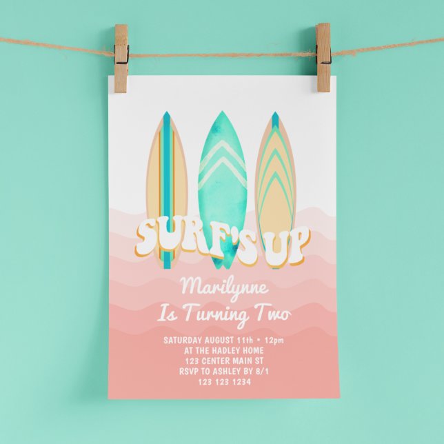 Invitation Planche de surf rose pour 2e anniversaire (Créateur téléchargé)