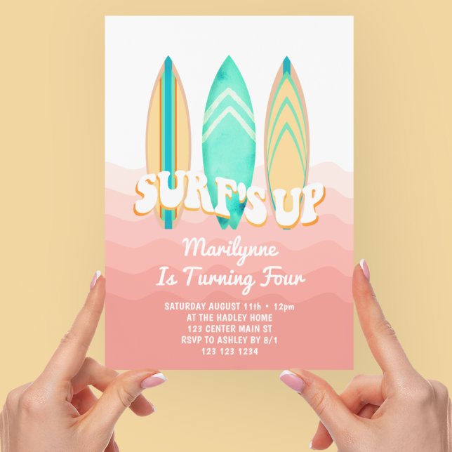 Invitation Planche de surf rose pour 4ème anniversaire (Créateur téléchargé)