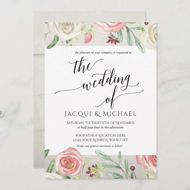 Invitation Planche en bois de roses florales d'Ivoire Blush p (Devant / Derrière)