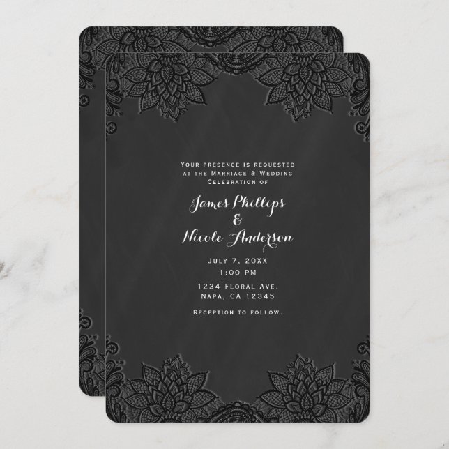 Invitation Plancher noir floral et Mariage campagnard dentell (Devant / Derrière)