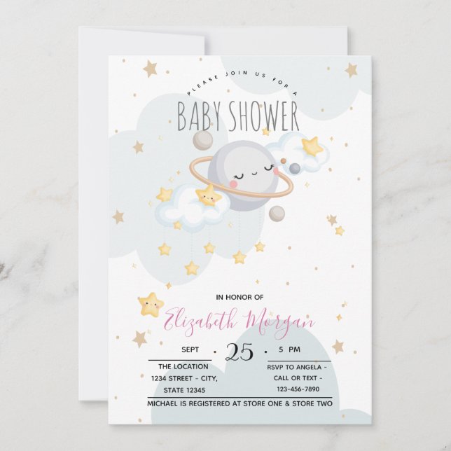 Invitation Planète Étoiles Nuages Fête de Naissance Mignonne  (Devant)