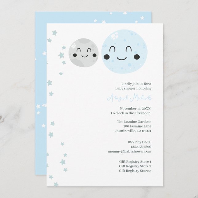 Invitation Planètes Bleues et Grises Bébé Fille Douche (Devant / Derrière)