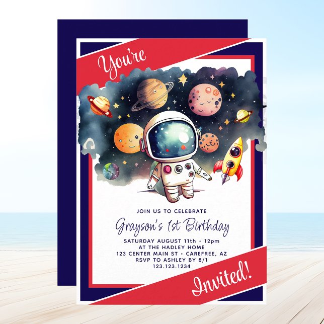 Invitation Planètes de l'Espace Extérieur Rouge Blanc Bleu An (Créateur téléchargé)