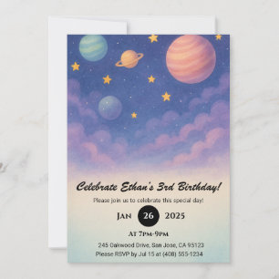 Invitation Planètes Pastel dans le Ciel Nocturne Anniversaire