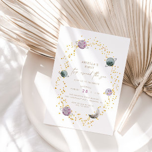 Invitation Planètes spatiales - Girls Gold 1er anniversaire